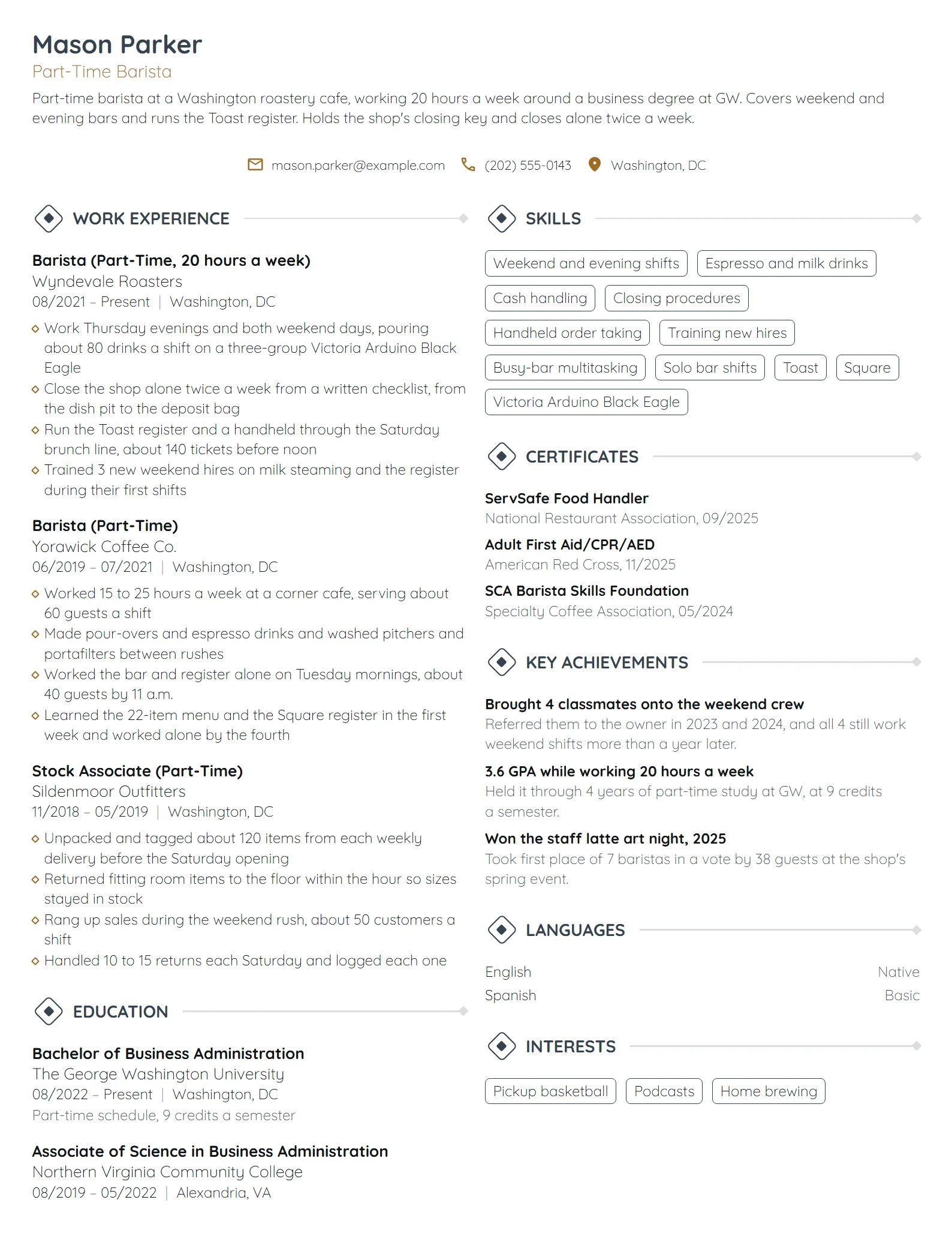 Part-Time Barista resume example