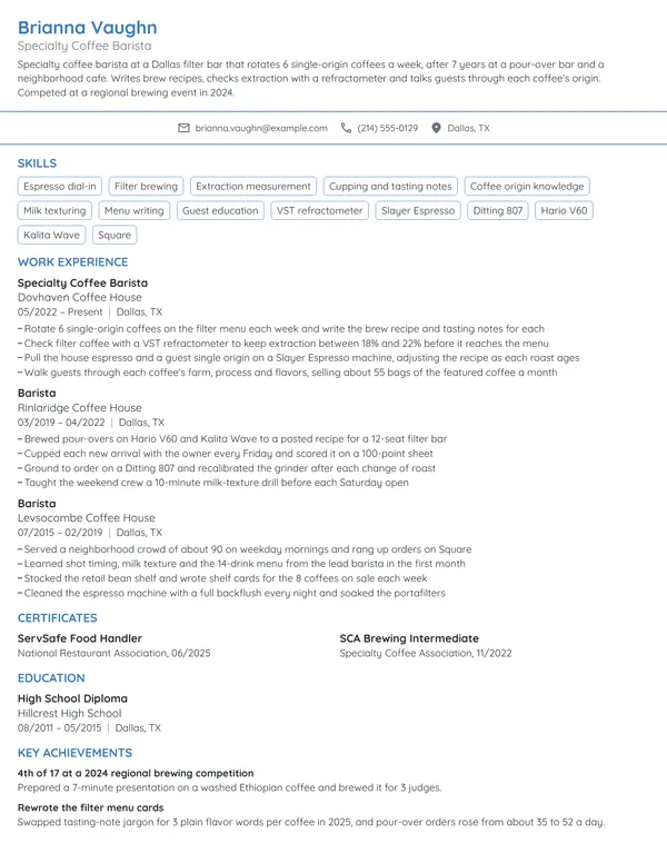 Specialty Coffee Barista resume example