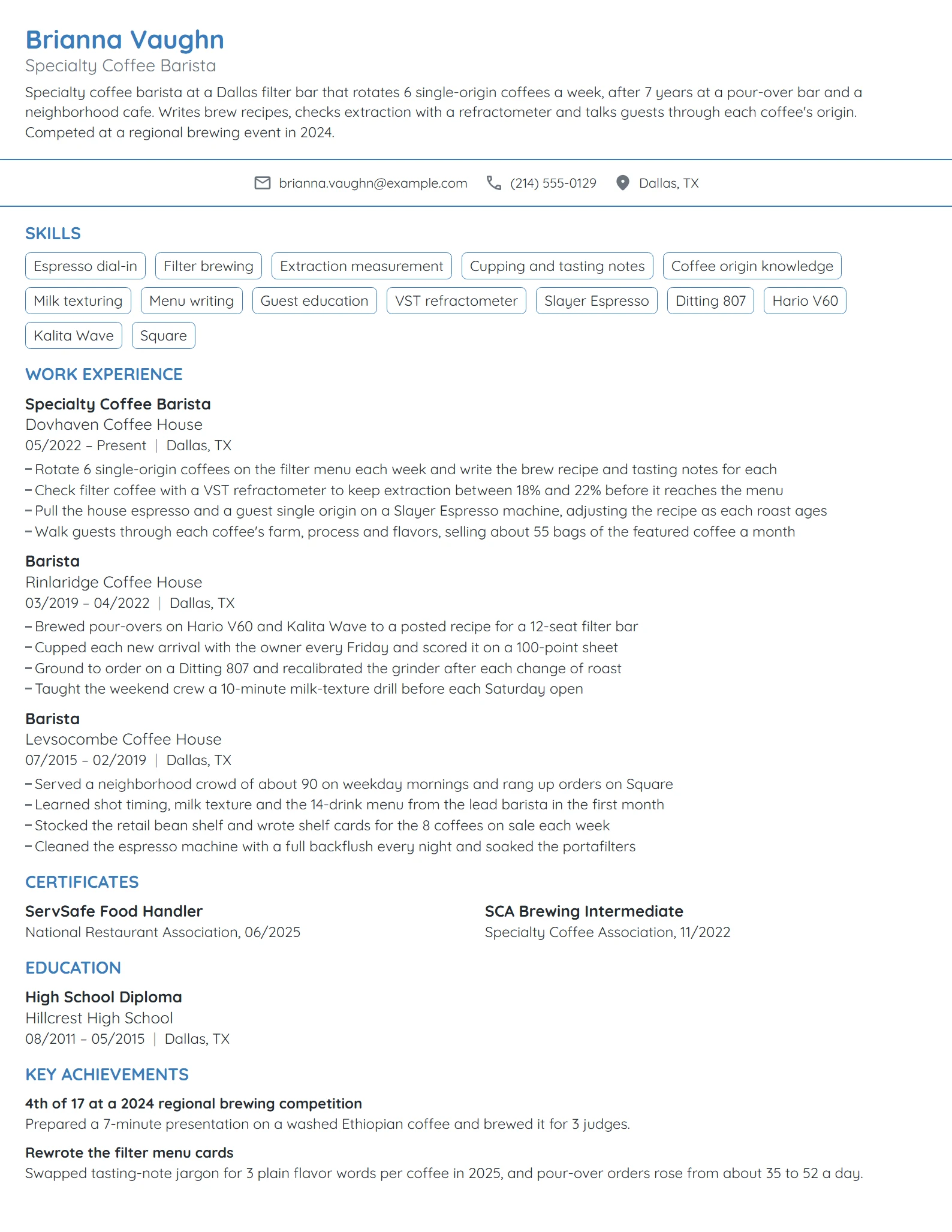 Specialty Coffee Barista resume example