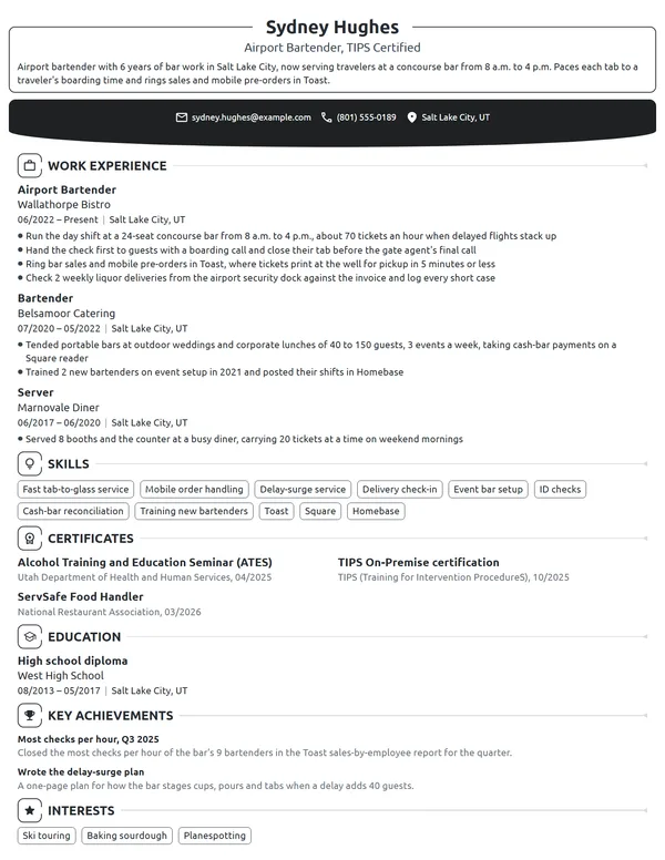 Airport Bartender resume example