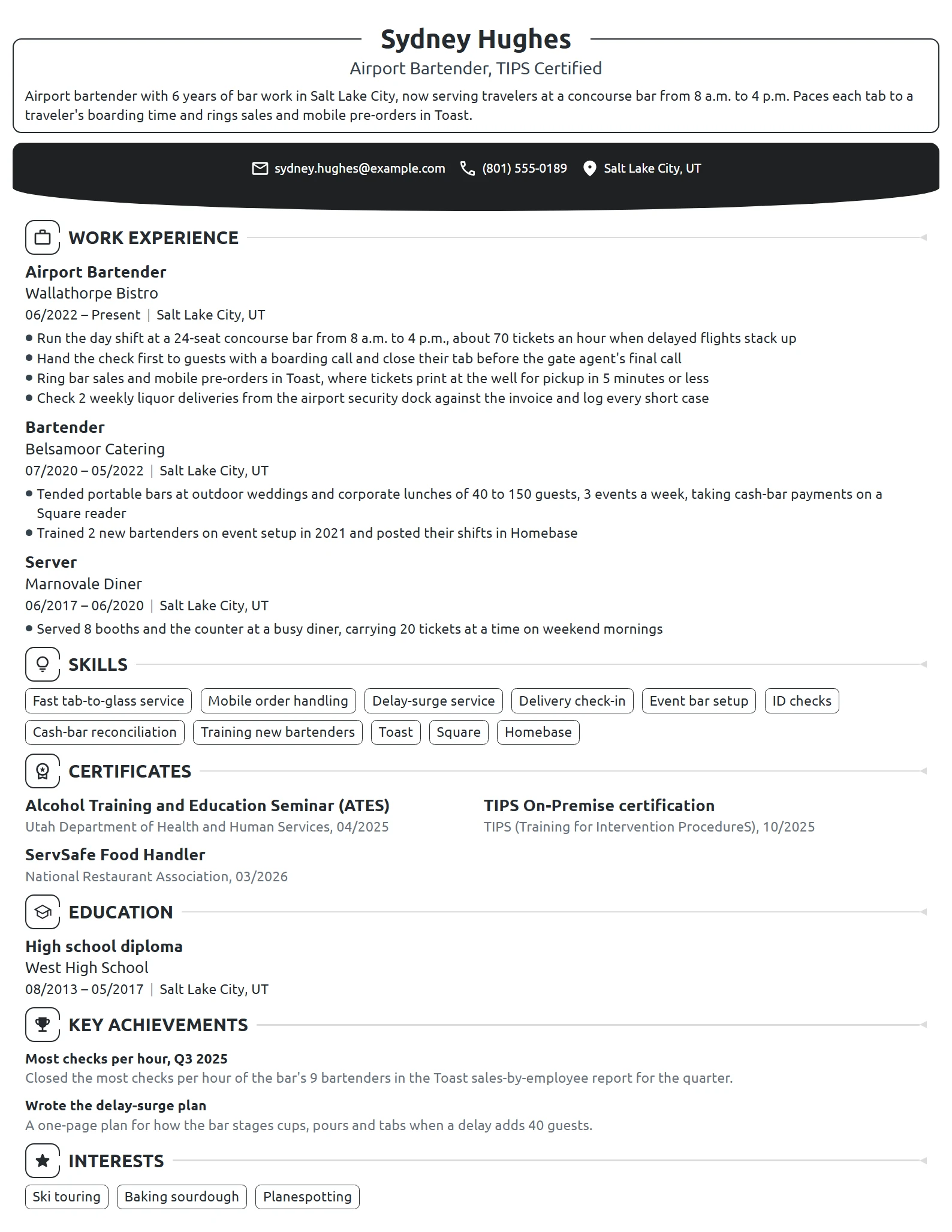 Airport Bartender resume example
