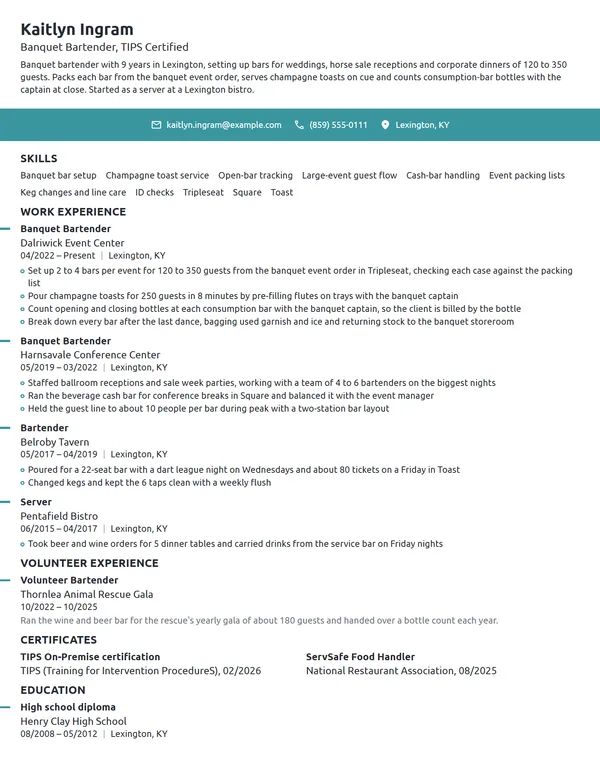 Banquet Bartender resume example