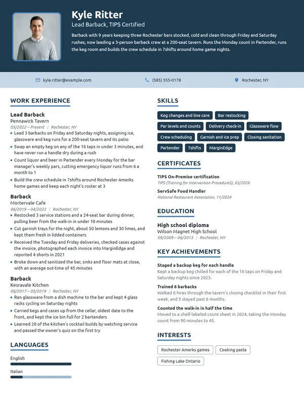 Barback resume example