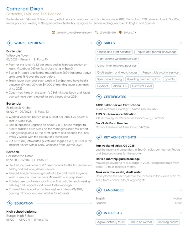 Bartender resume example