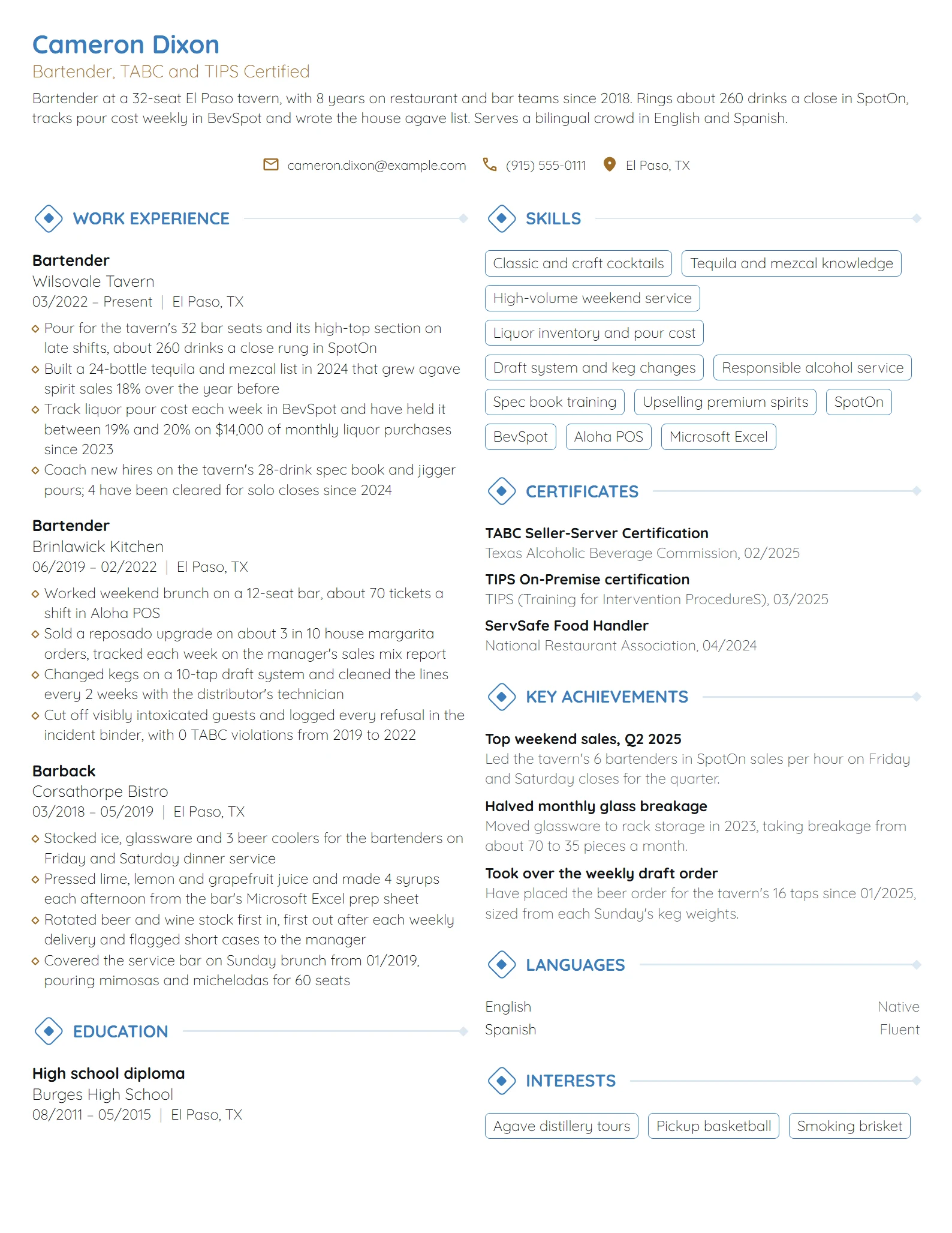 Bartender resume example