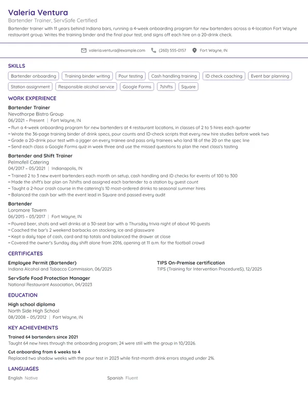 Bartender Trainer resume example