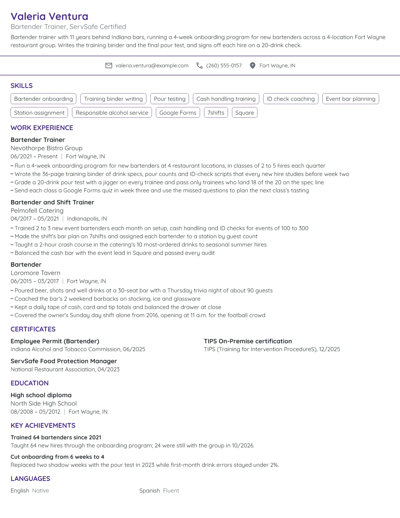 Bartender Trainer resume example