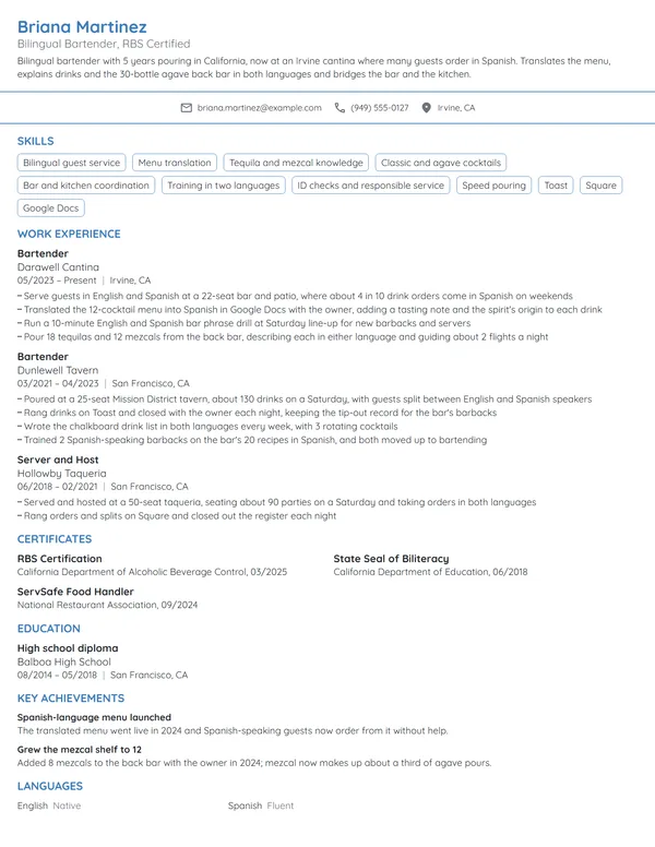 Bilingual Bartender resume example