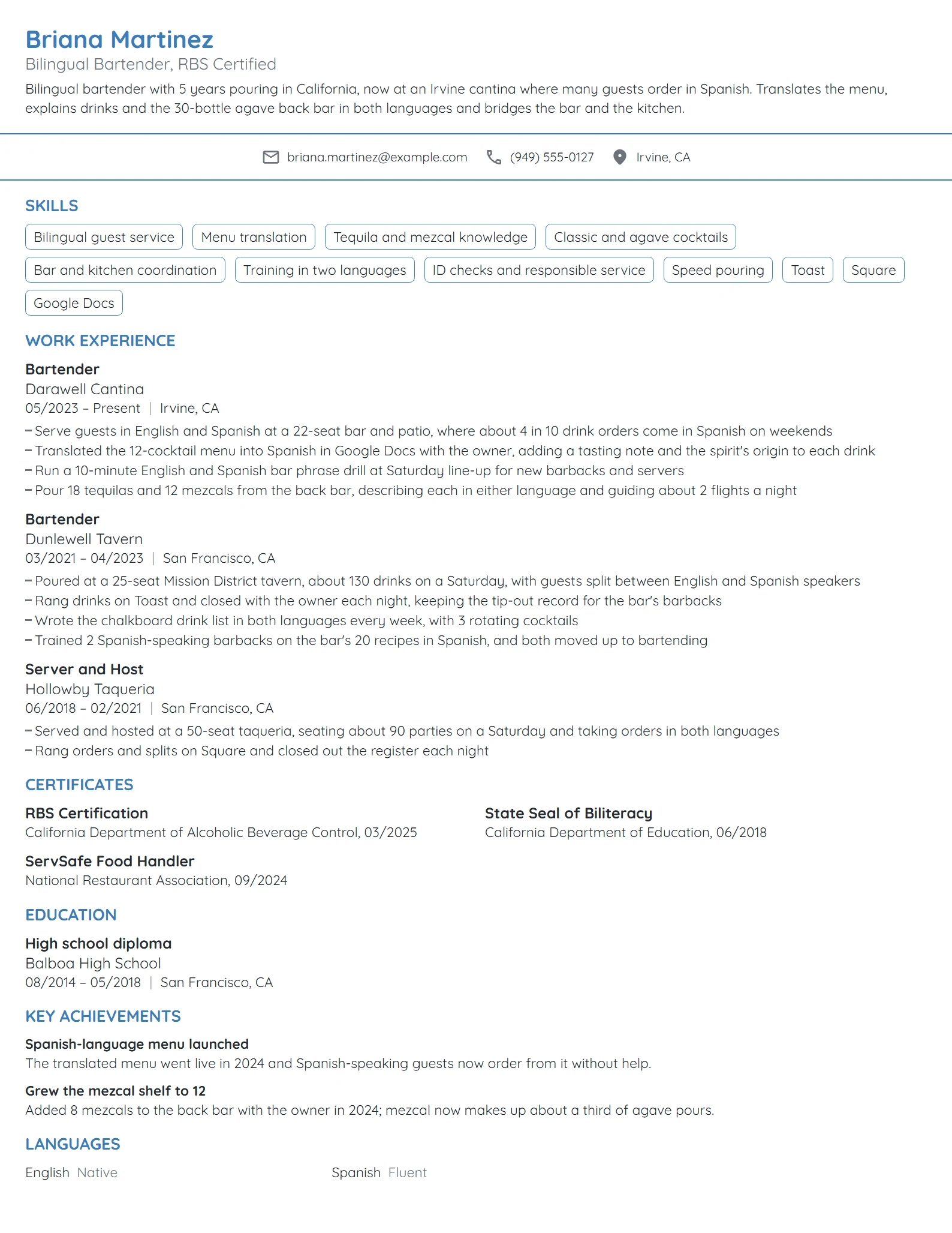 Bilingual Bartender resume example