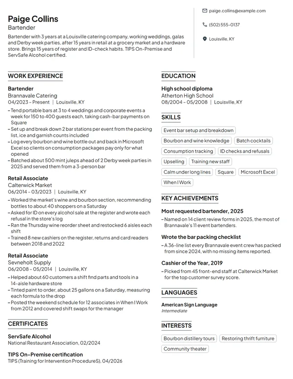 Career Change Bartender resume example