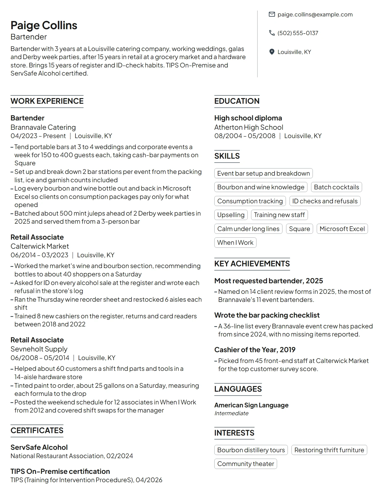 Career Change Bartender resume example