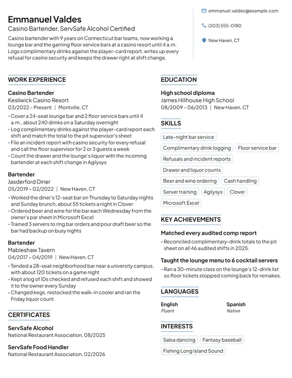 Casino Bartender resume example