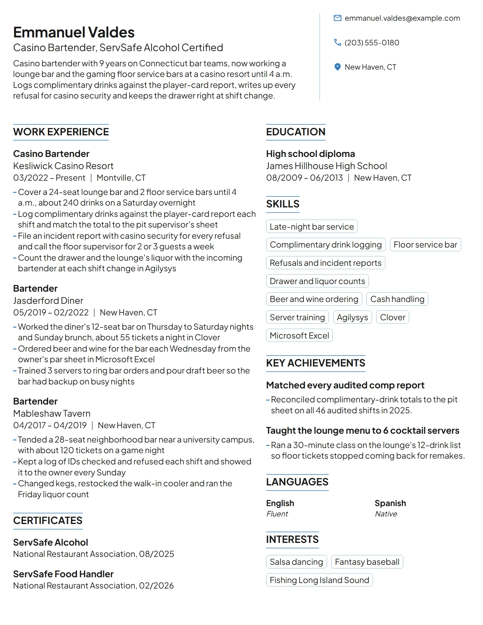 Casino Bartender resume example