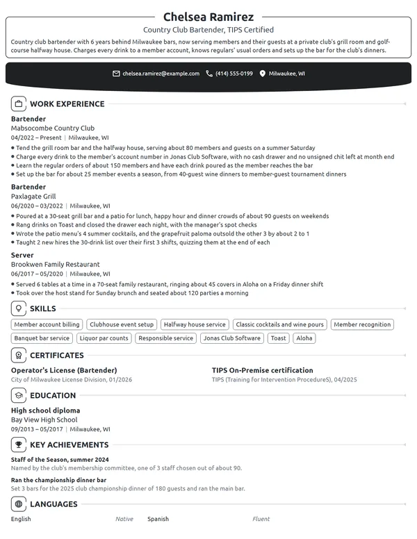 Country Club Bartender resume example