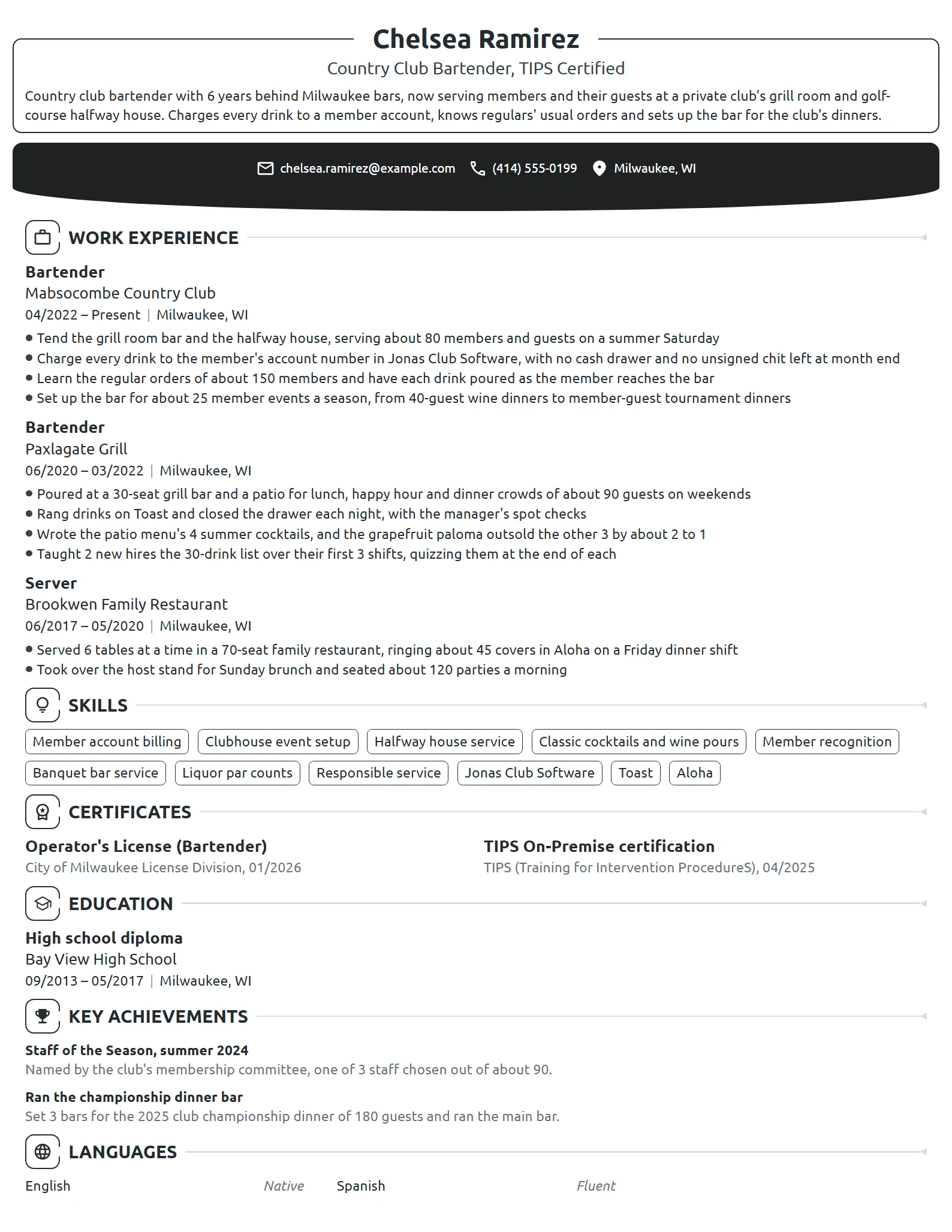 Country Club Bartender resume example