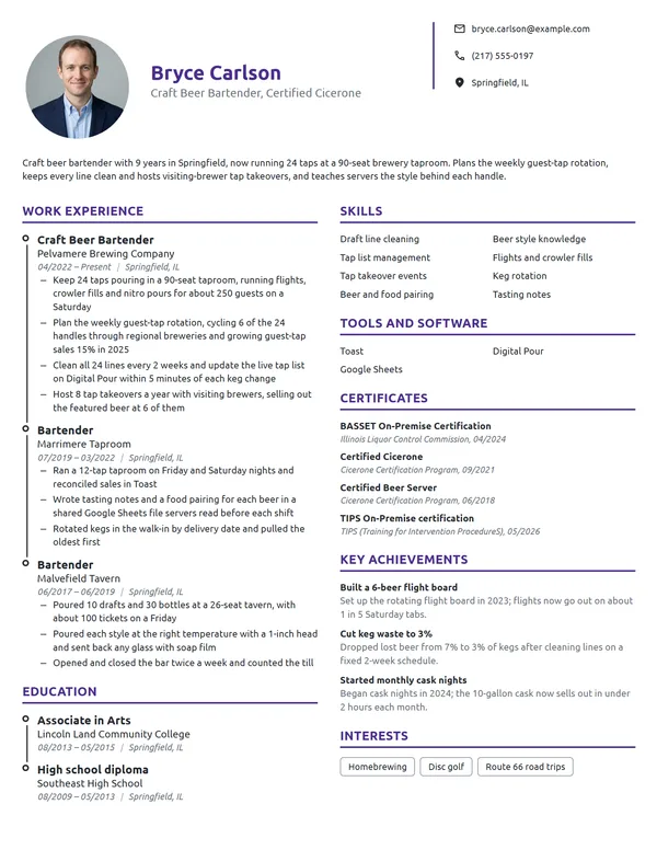 Craft Beer Bartender resume example