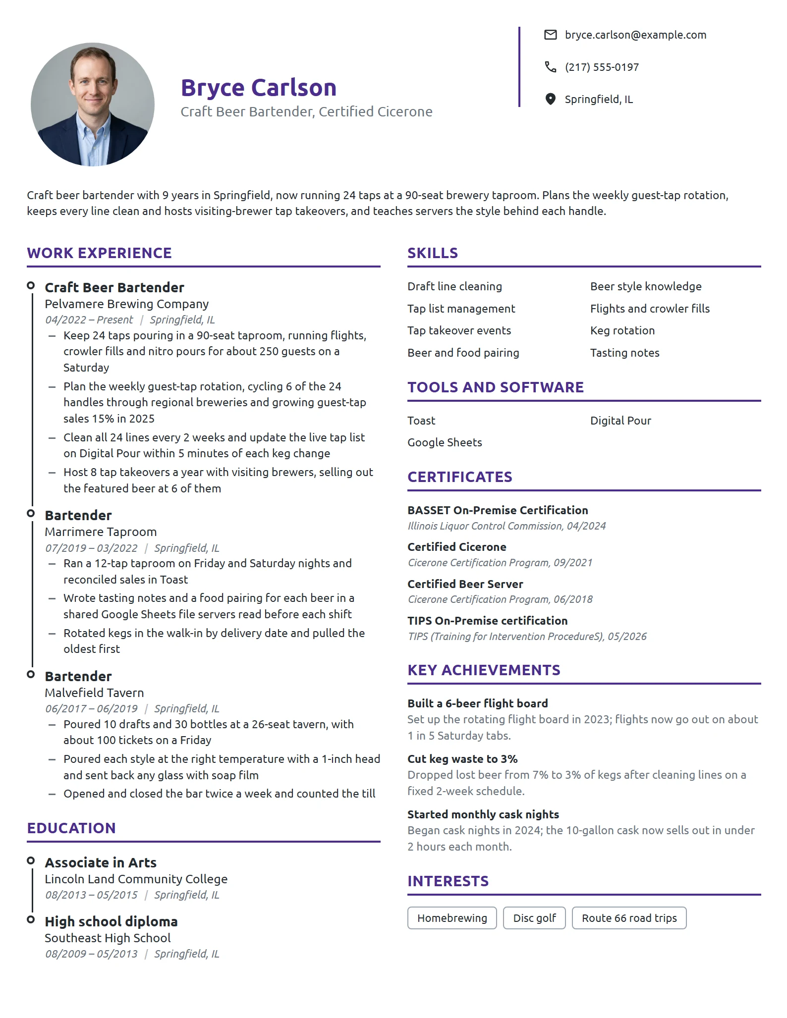 Craft Beer Bartender resume example