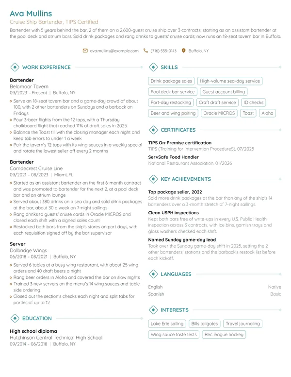 Cruise Ship Bartender resume example