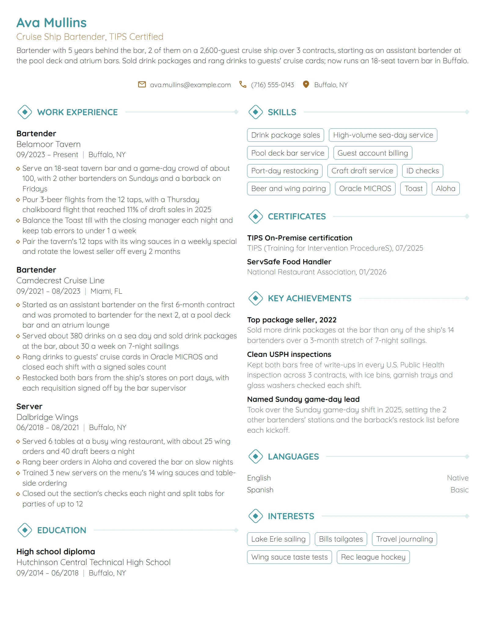 Cruise Ship Bartender resume example
