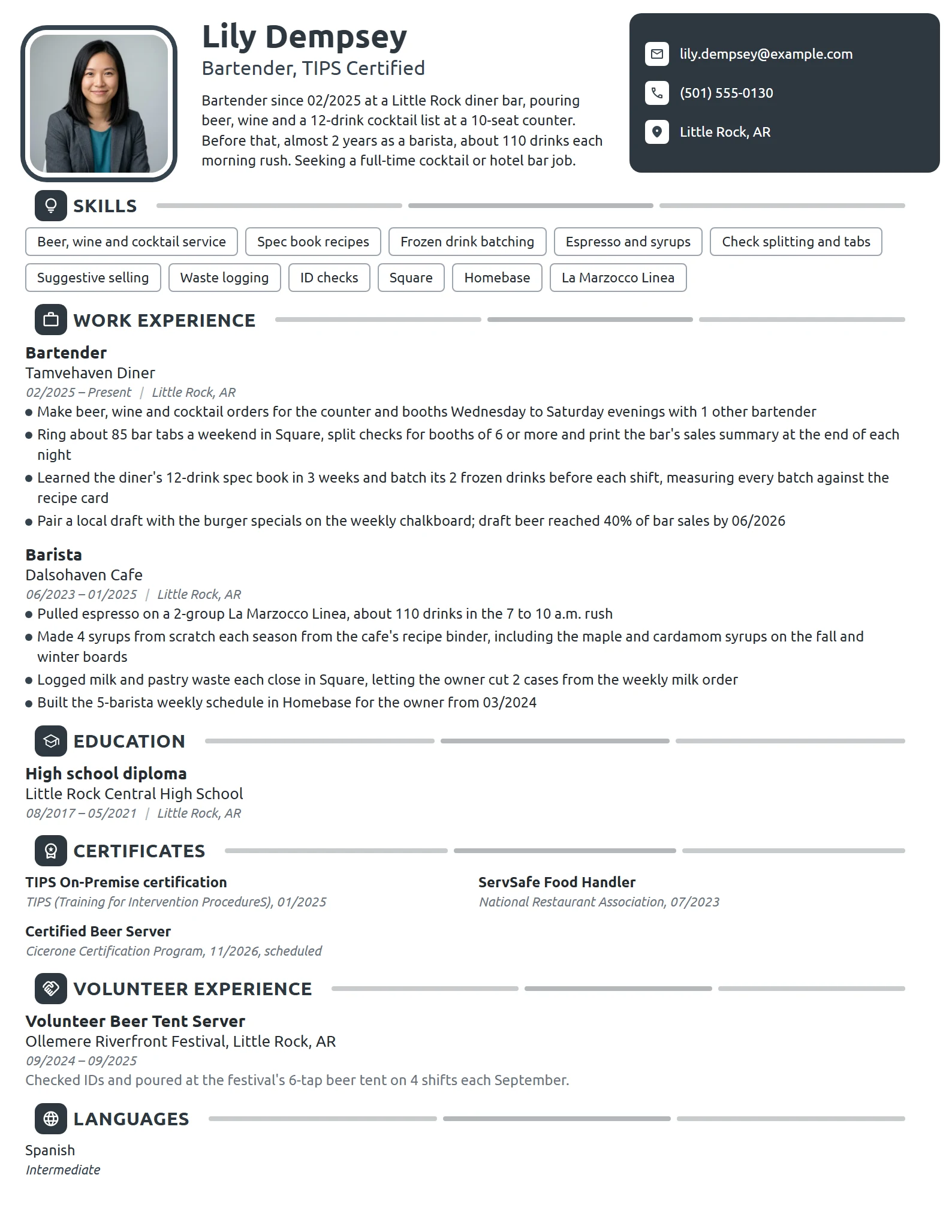 Entry-Level Bartender resume example