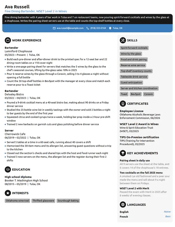 Fine Dining Bartender resume example