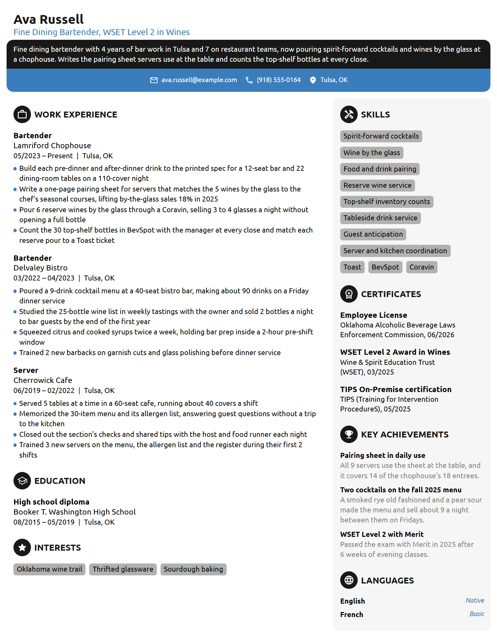 Fine Dining Bartender resume example