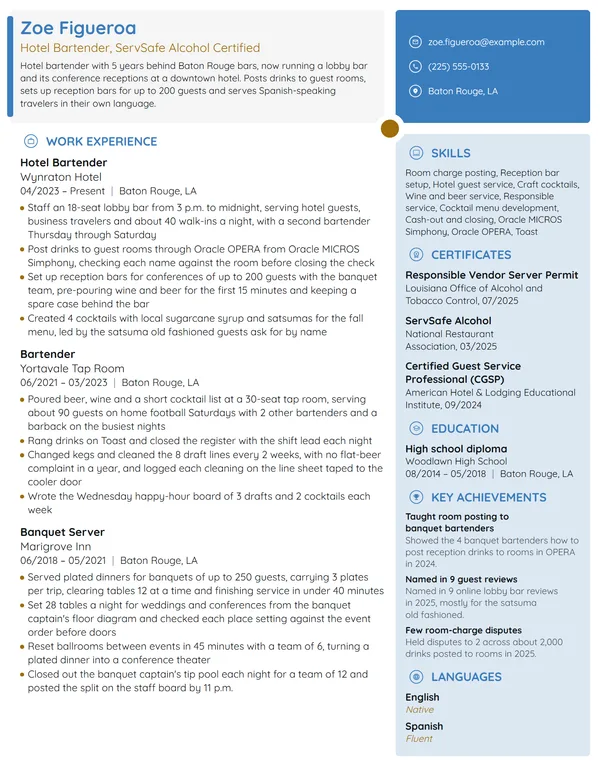 Hotel Bartender resume example