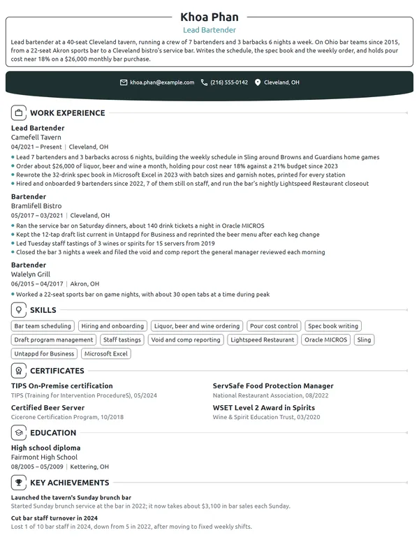 Lead Bartender resume example