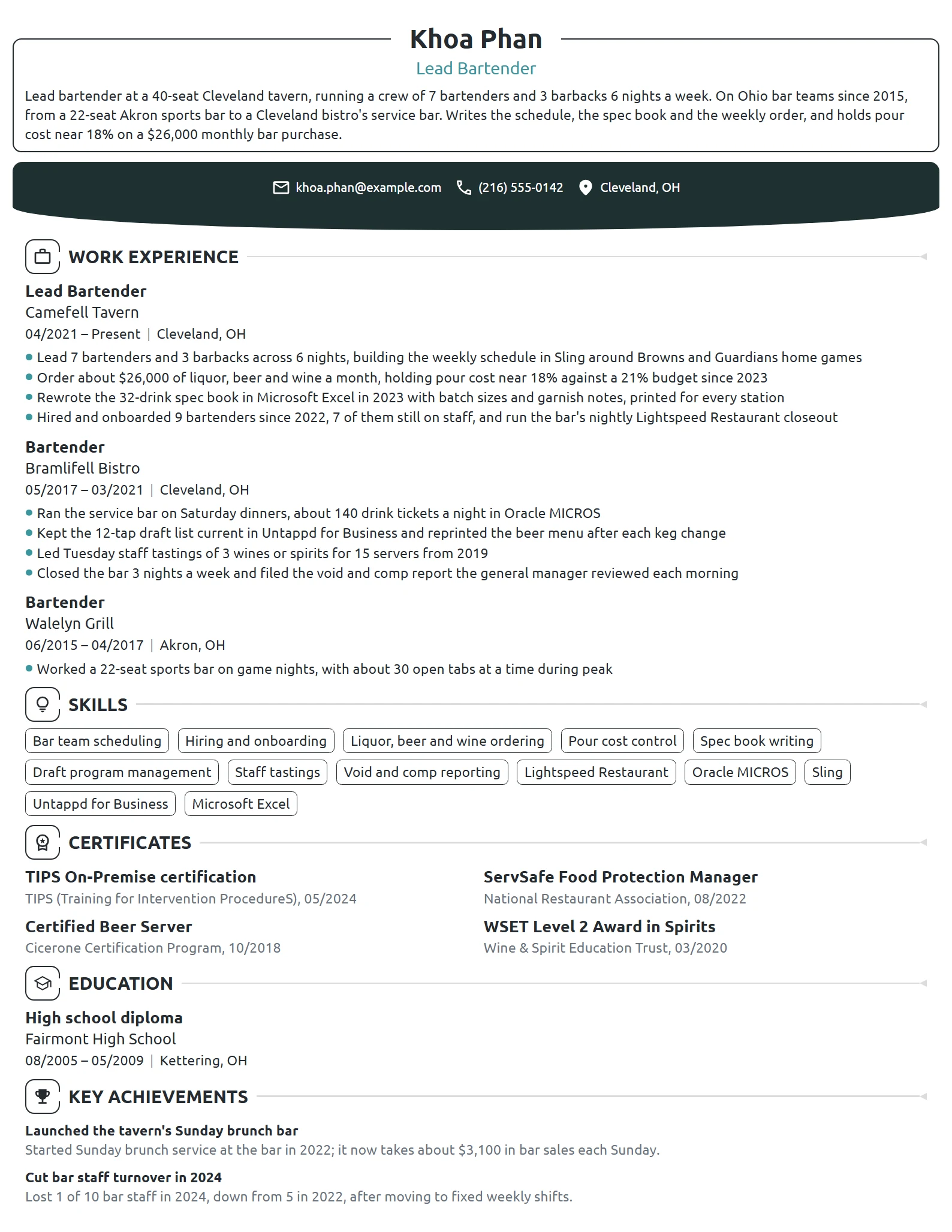 Lead Bartender resume example
