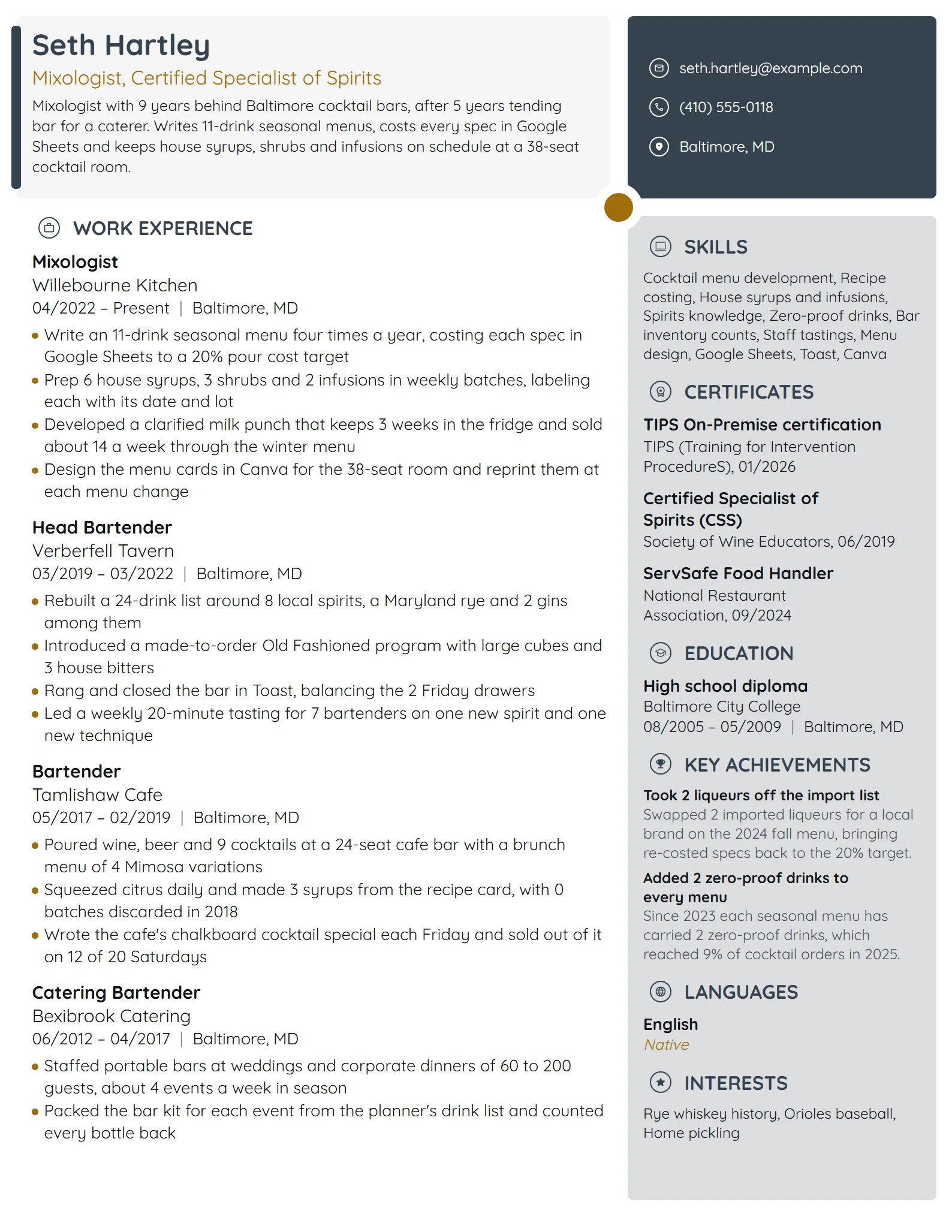 Mixologist resume example