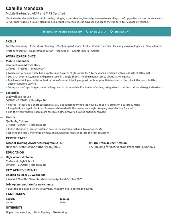 Mobile Bartender resume example