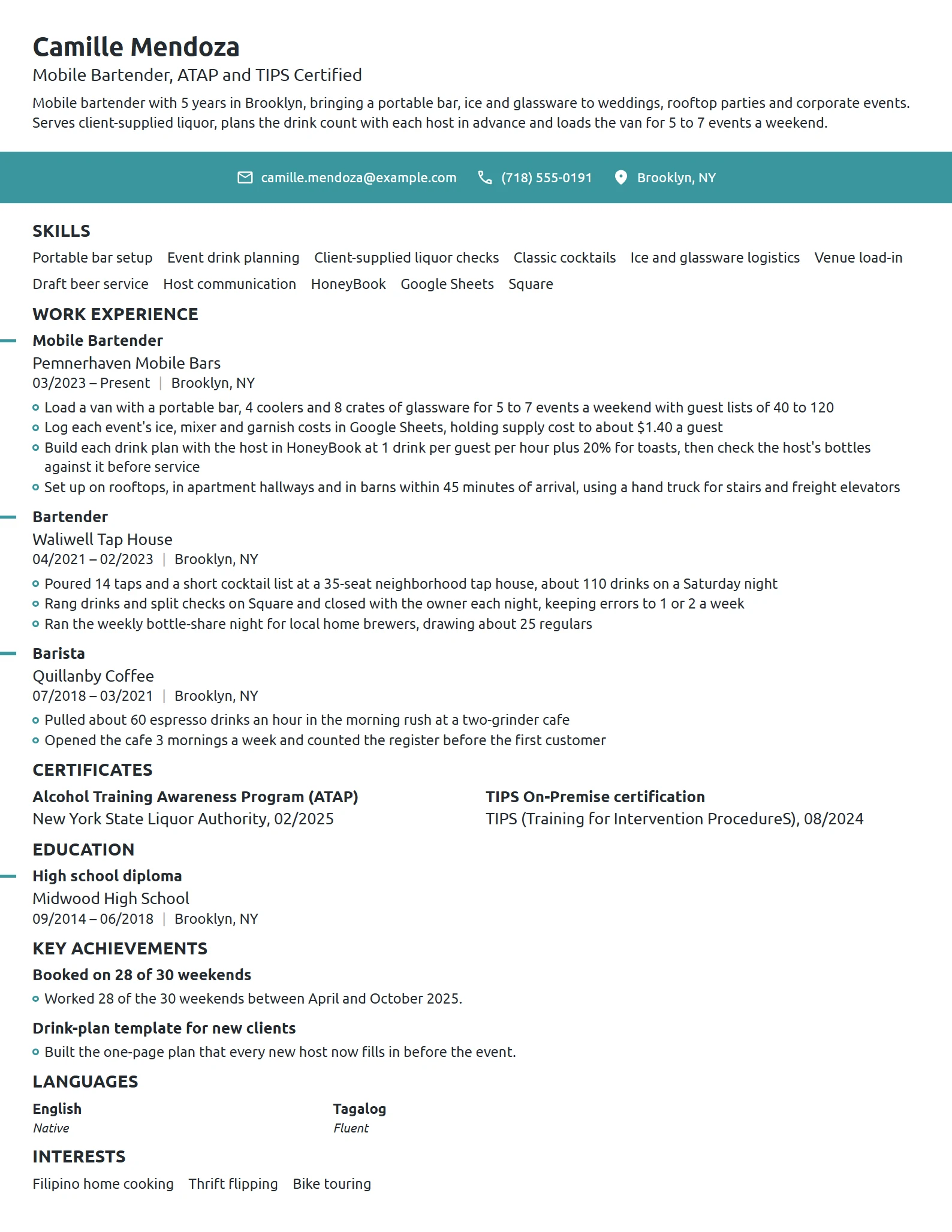 Mobile Bartender resume example