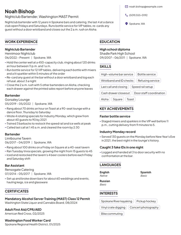 Nightclub Bartender resume example