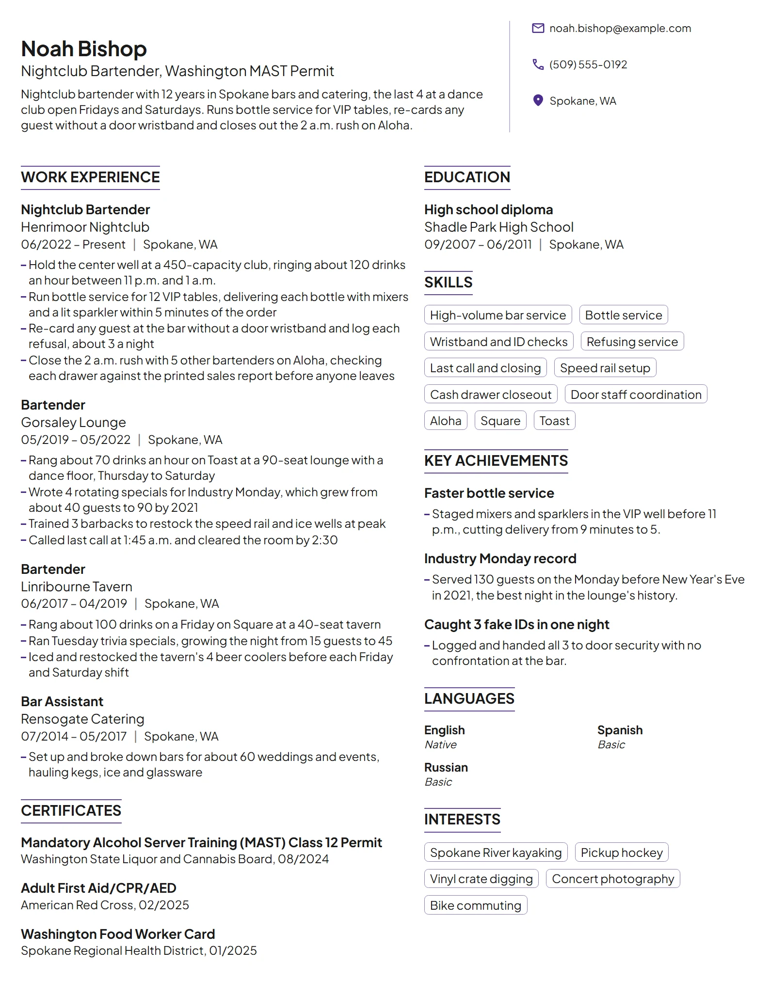 Nightclub Bartender resume example