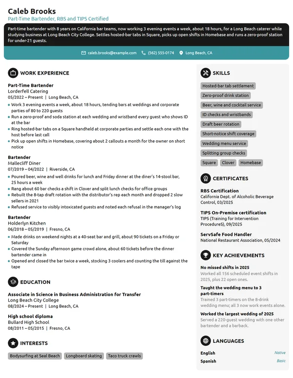 Part-Time Bartender resume example