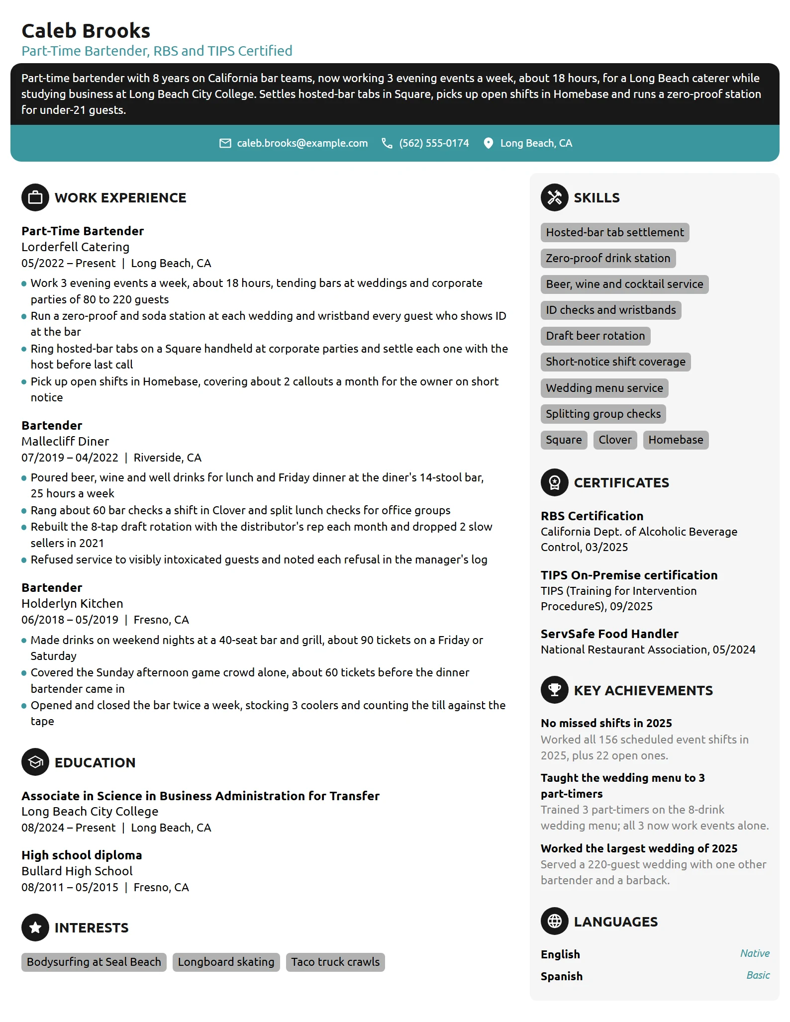 Part-Time Bartender resume example