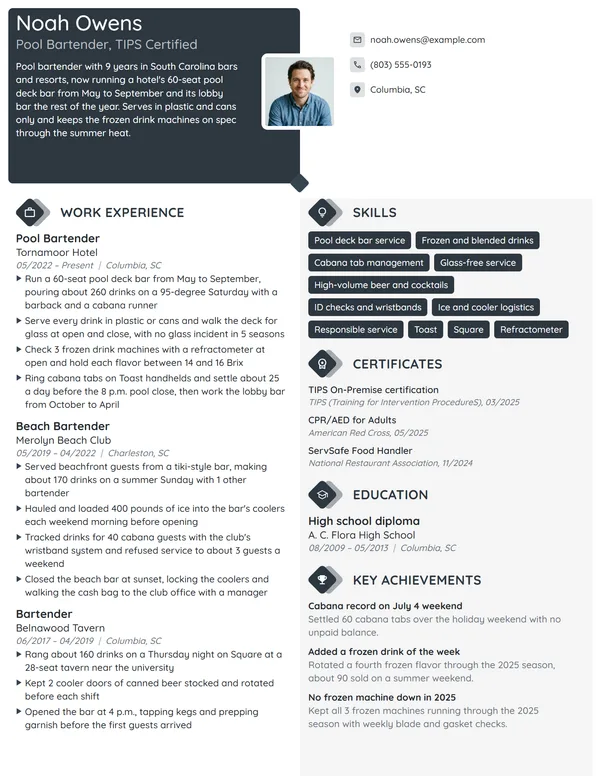 Pool Bartender resume example
