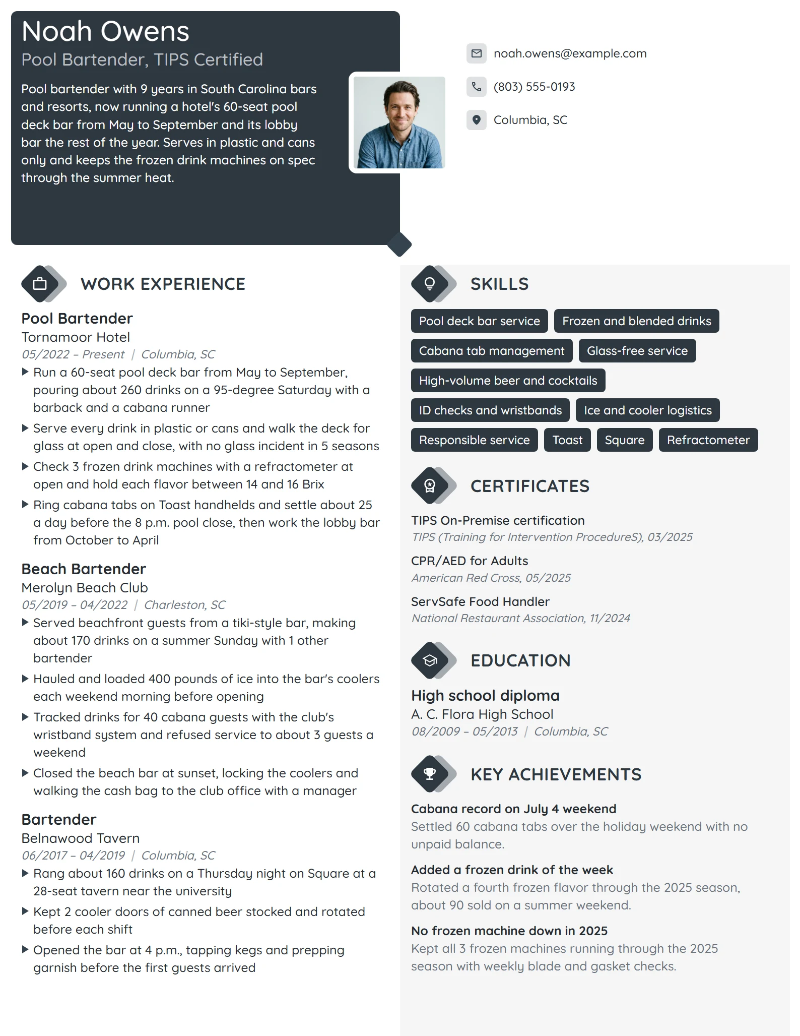 Pool Bartender resume example