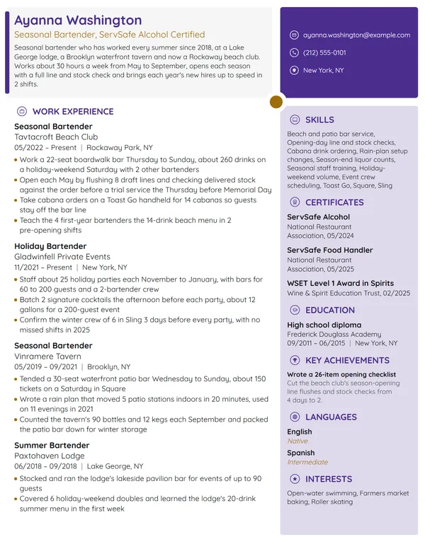 Seasonal Bartender resume example