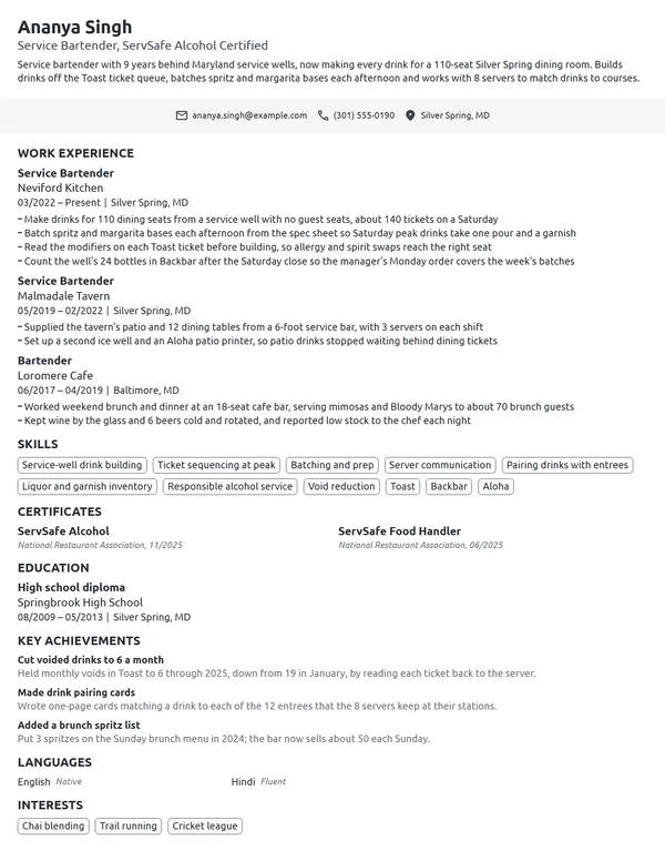 Service Bartender resume example