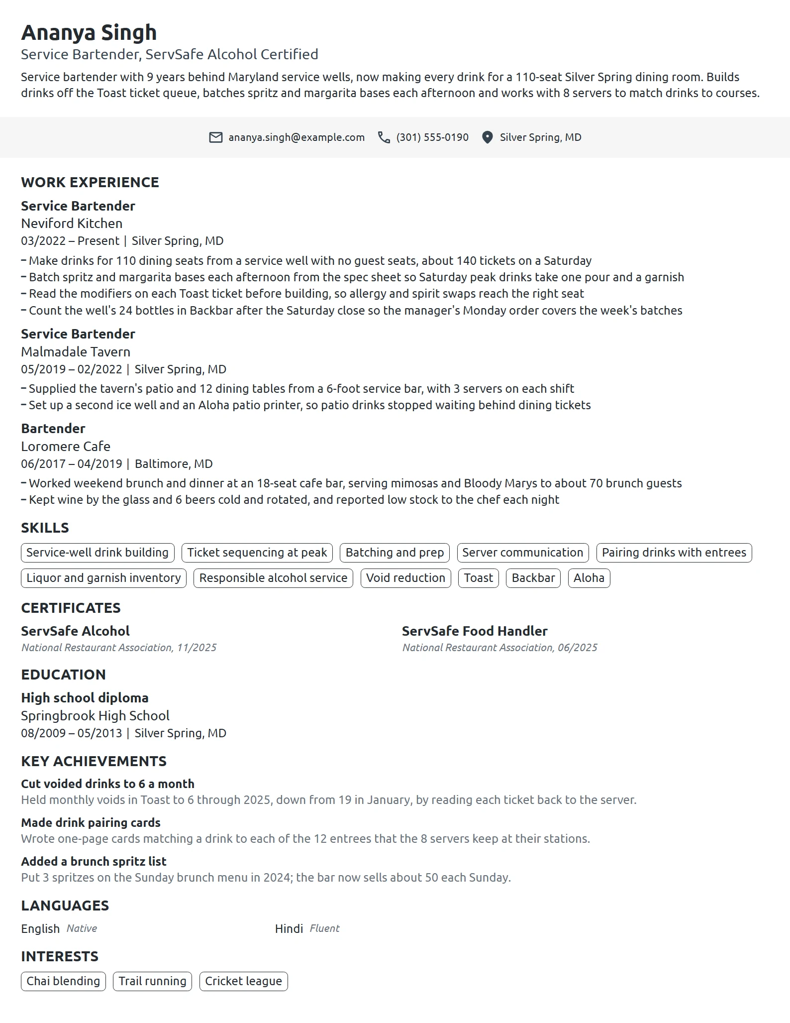 Service Bartender resume example