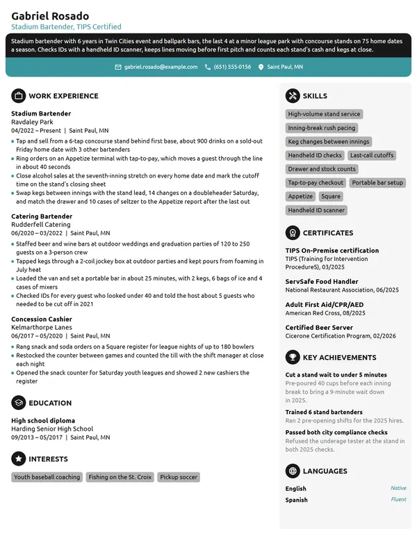 Stadium Bartender resume example