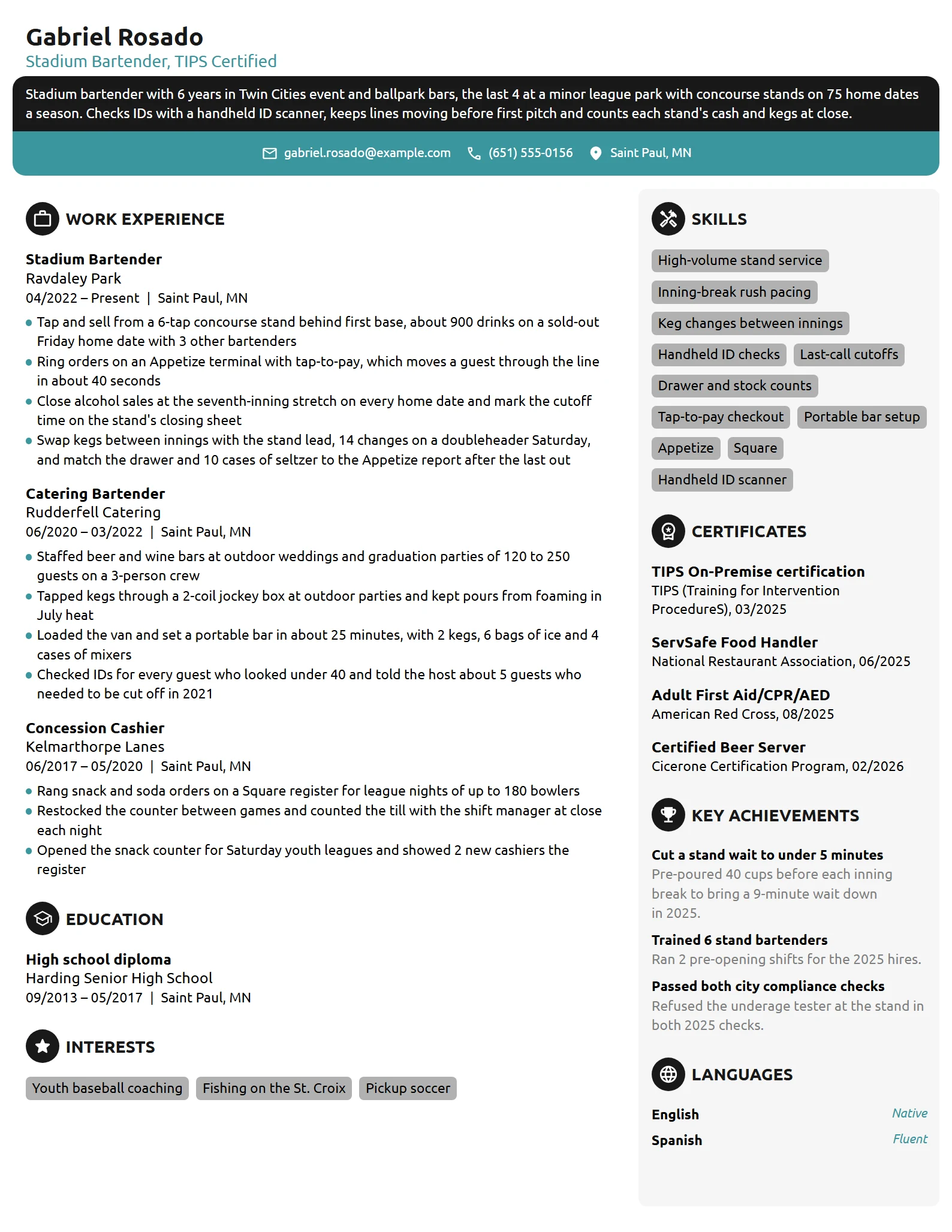 Stadium Bartender resume example