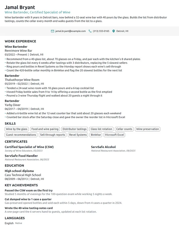 Wine Bartender resume example