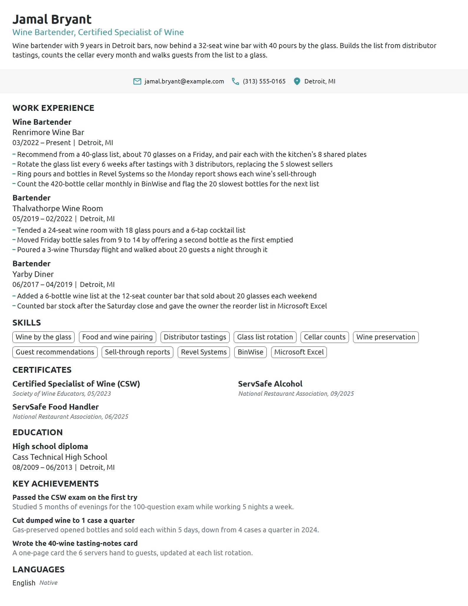 Wine Bartender resume example