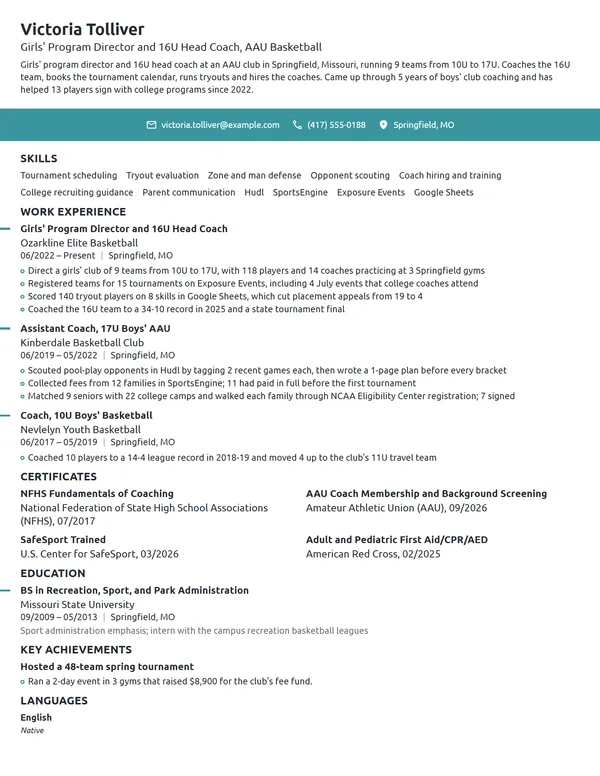 AAU Basketball Coach resume example