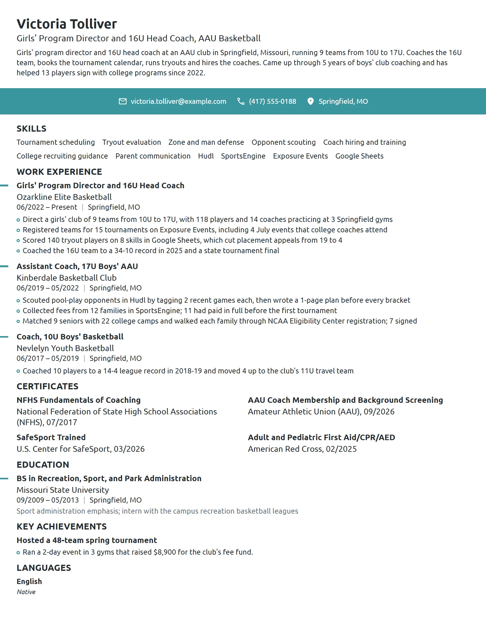 AAU Basketball Coach resume example