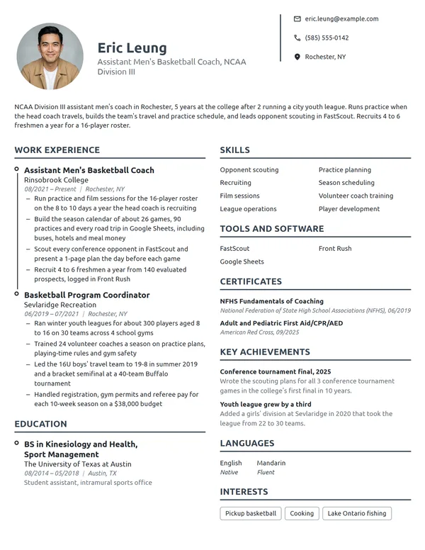 Assistant Basketball Coach resume example