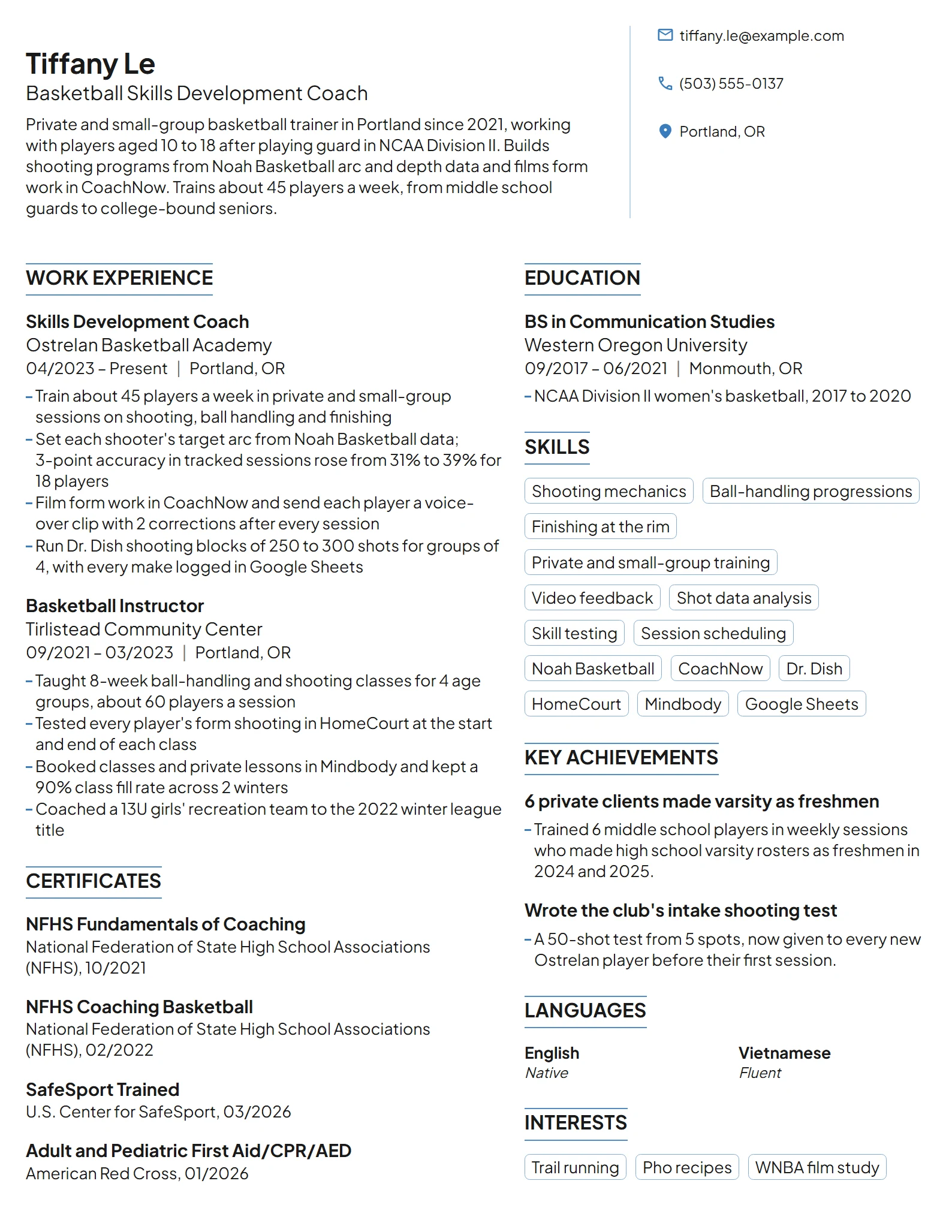 Basketball Skills Development Coach resume example
