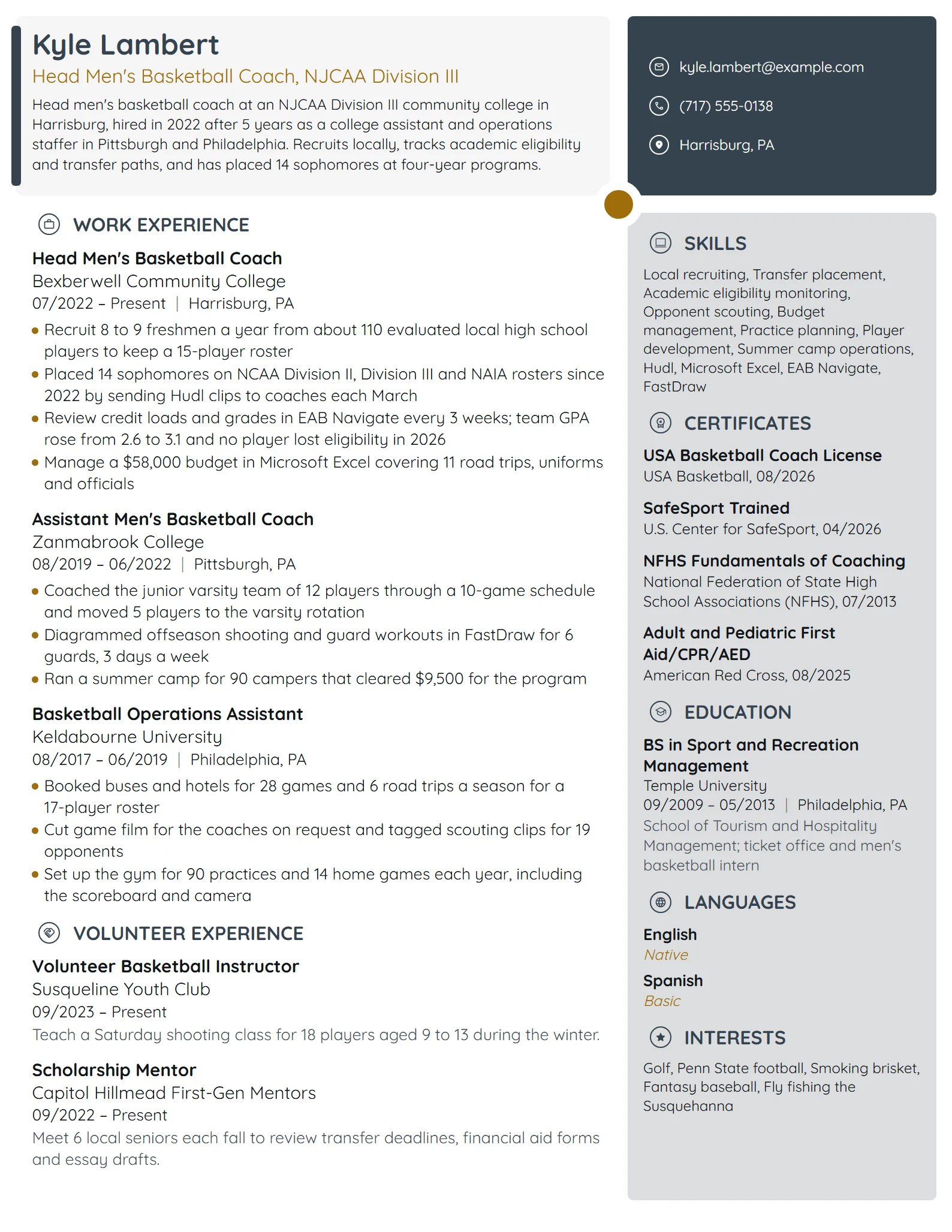 Community College Basketball Coach resume example